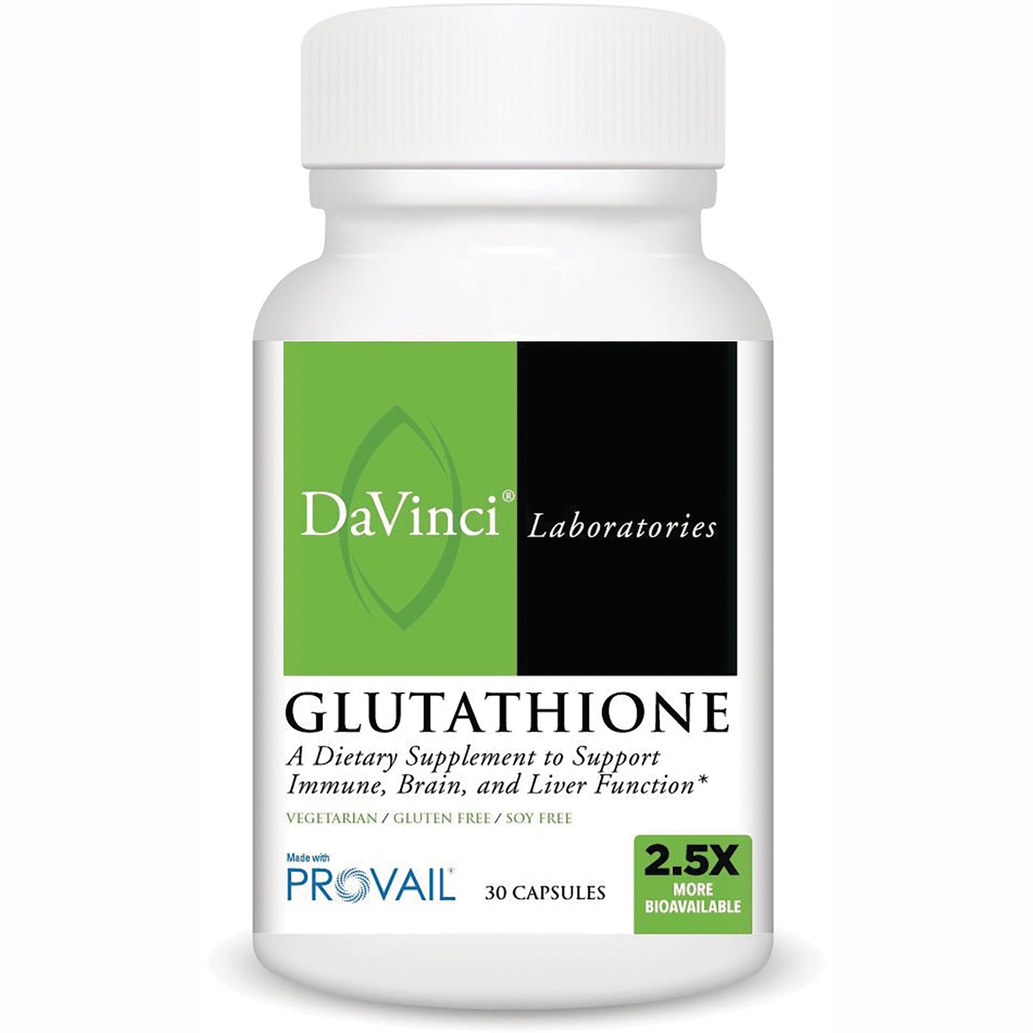 DVL168 | White DaVinci Laboratories Glutathione supplement bottle front showing label, 30 capsules, 2.5X more bioavailable