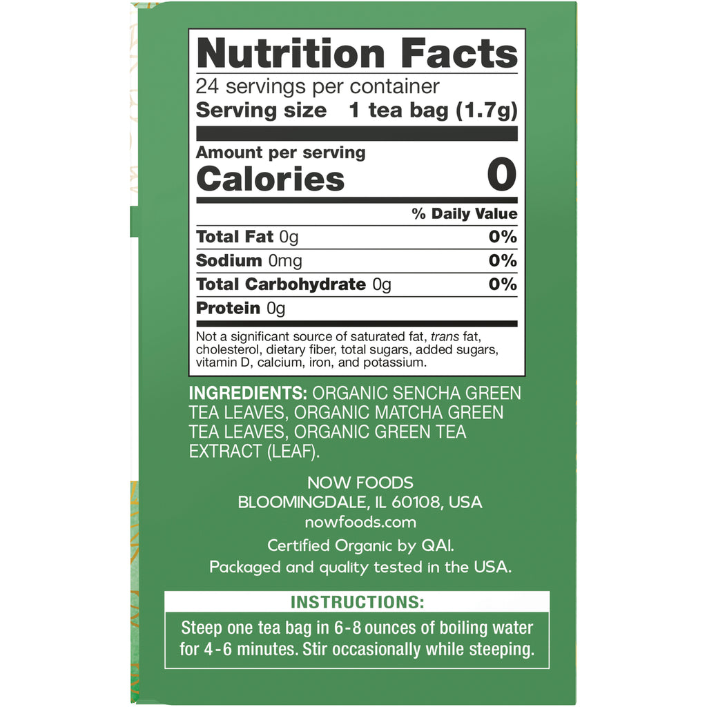 NWF1097 | Back of green tea box showing nutrition facts, ingredients organic sencha and matcha, and brewing instructions - Thumbnail
