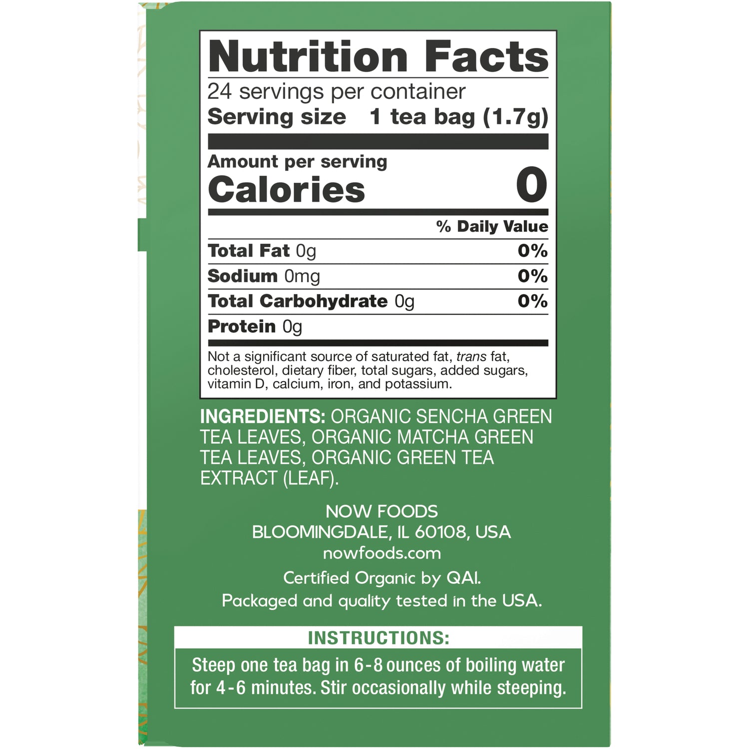 NWF1097 | Back of green tea box showing nutrition facts, ingredients organic sencha and matcha, and brewing instructions