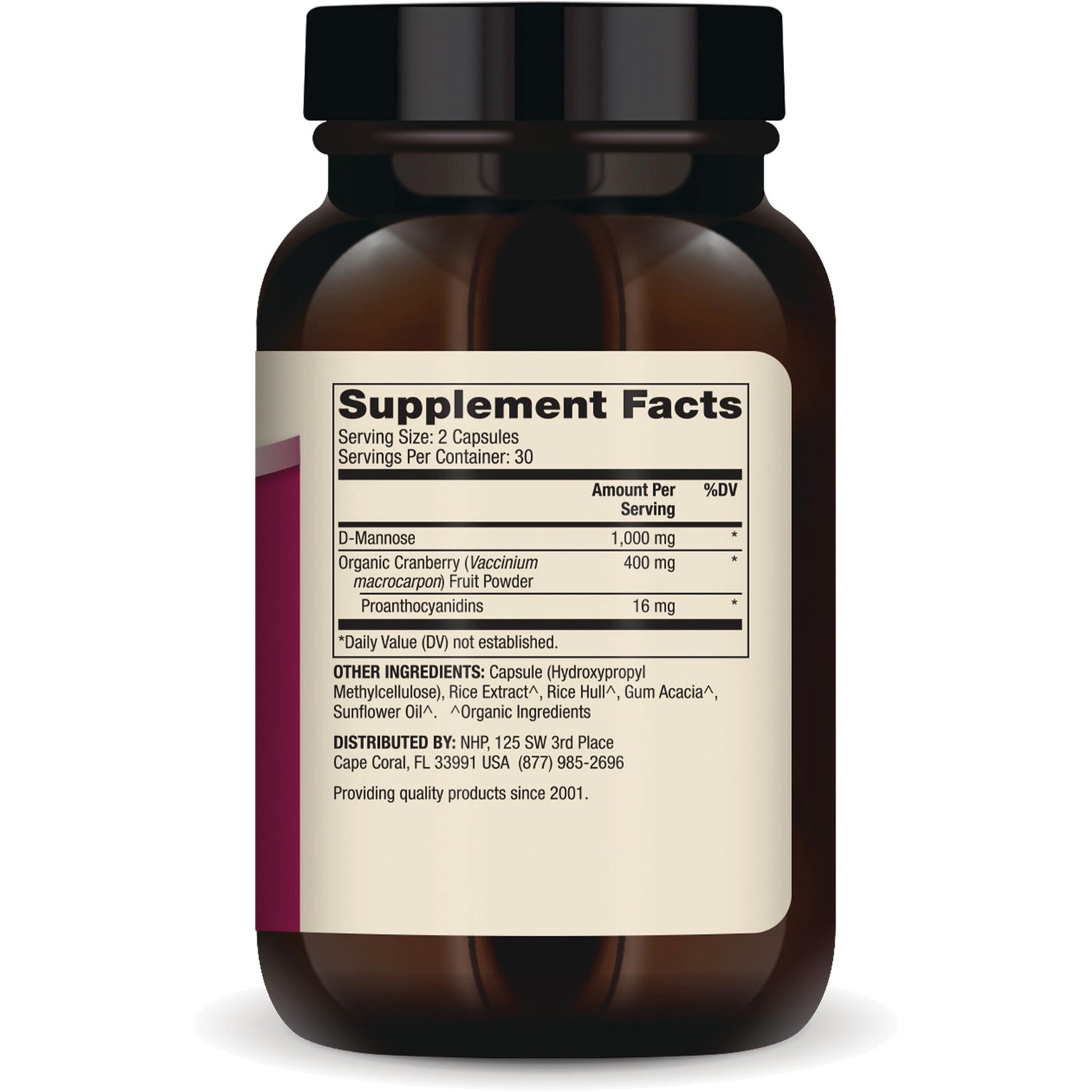 MRC052 | Back label showing Supplement Facts for 2 capsules, D-Mannose 1,000 mg and organic cranberry 400 mg