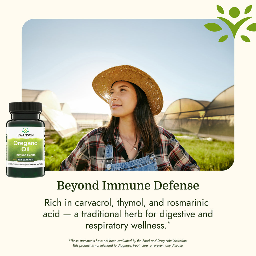 SW1016 | Woman in a sun hat in a greenhouse beside Swanson Oregano Oil supplement bottle with benefit text - Thumbnail