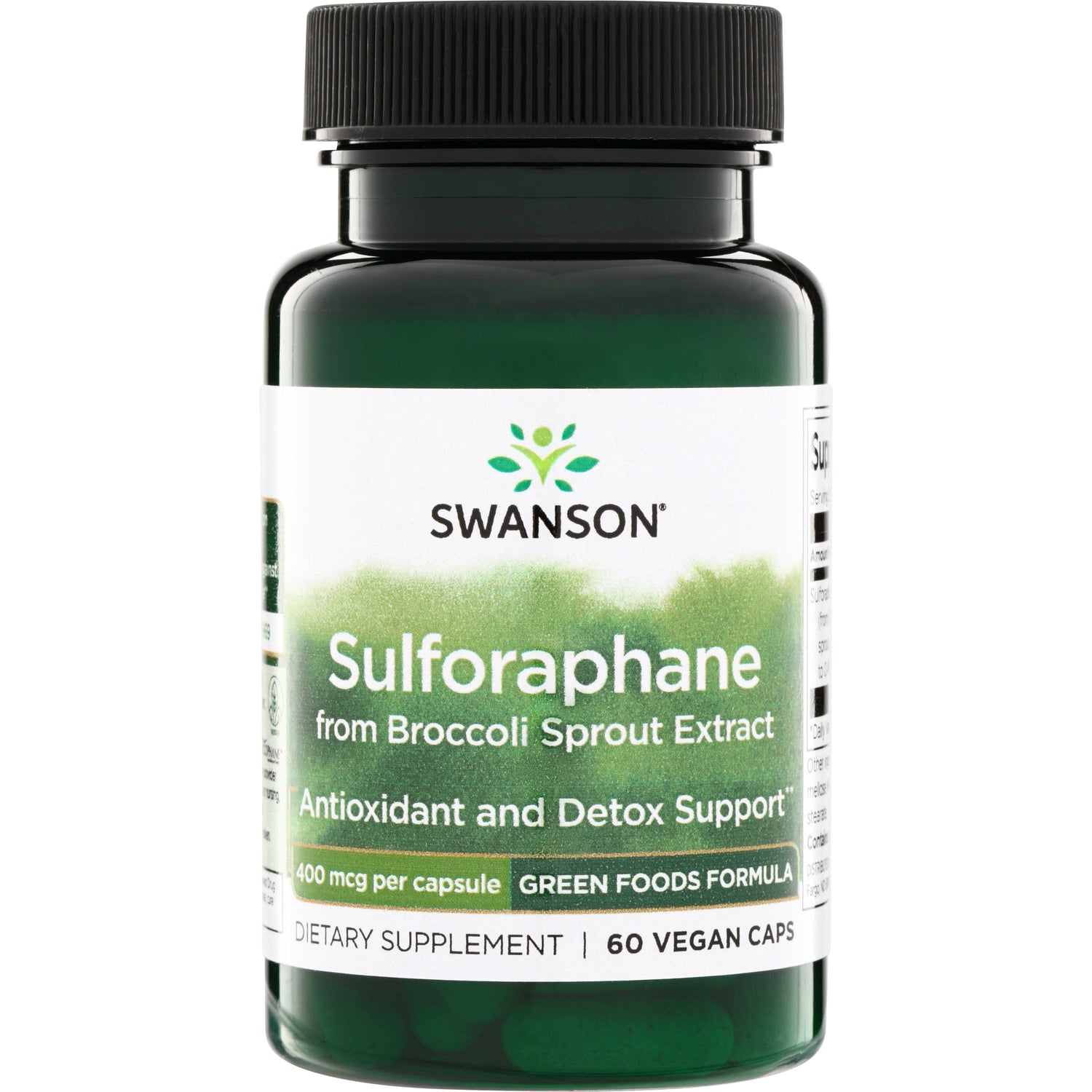 SWR048 | Swanson Sulforaphane supplement bottle, 60 vegan capsules, 400 mcg per capsule, broccoli sprout extract label