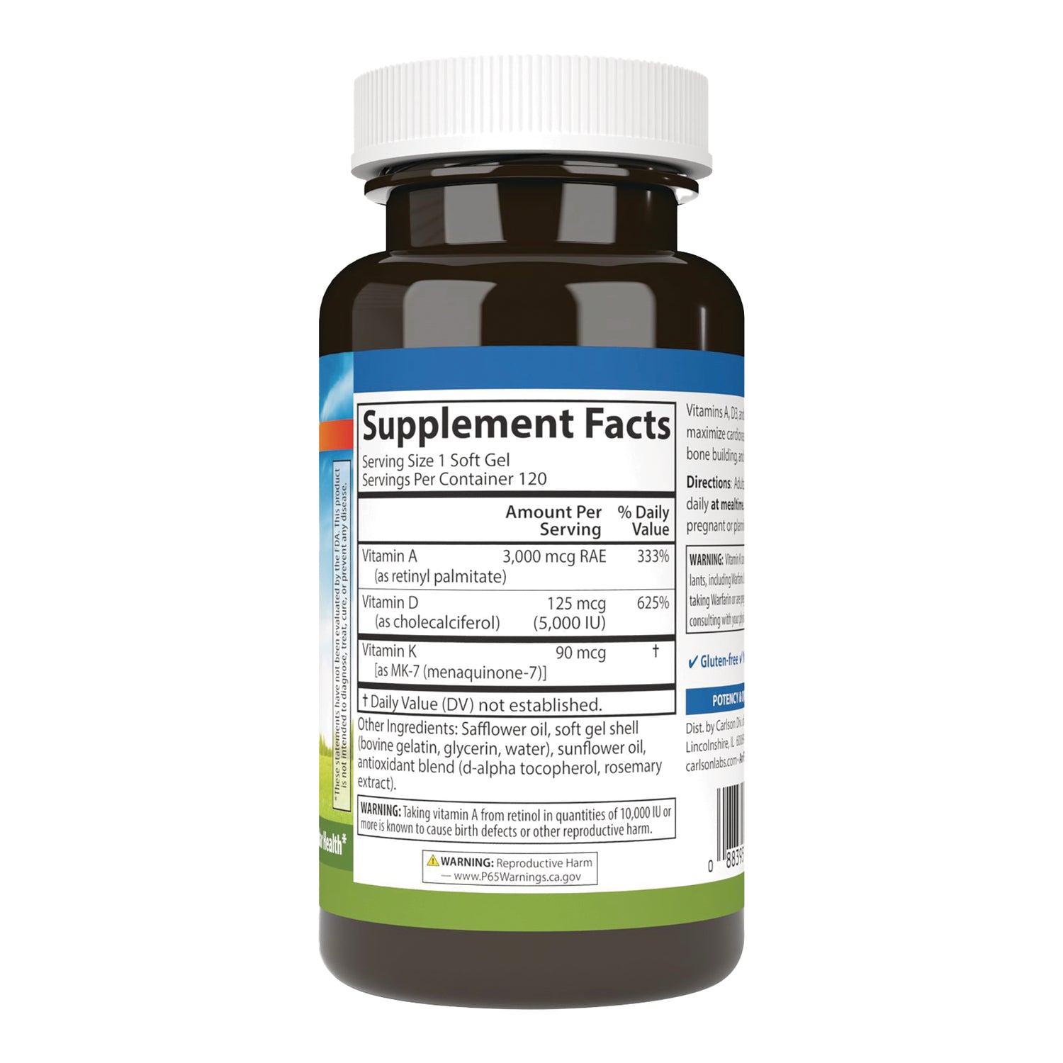 CSN329 | Supplement Facts panel on bottle back showing serving size, vitamins A D K and other ingredients