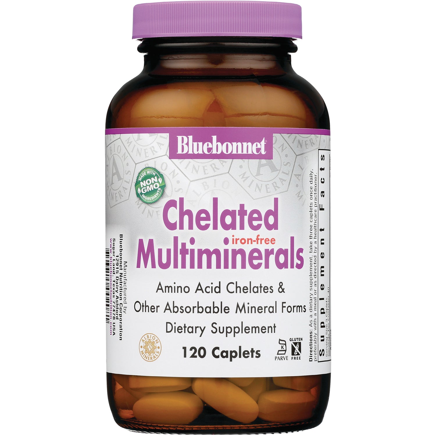 BLU081 | Bluebonnet Chelated Multiminerals iron-free dietary supplement 120 caplets front-facing amber bottle with purple cap
