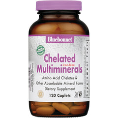 BLU081 | Bluebonnet Chelated Multiminerals iron-free dietary supplement 120 caplets front-facing amber bottle with purple cap