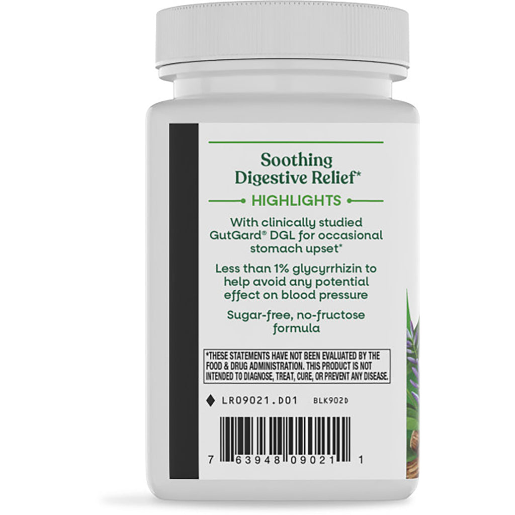 ET074 | Back of supplement bottle label reading Soothing Digestive Relief, HIGHLIGHTS about GutGard DGL and barcode - Thumbnail