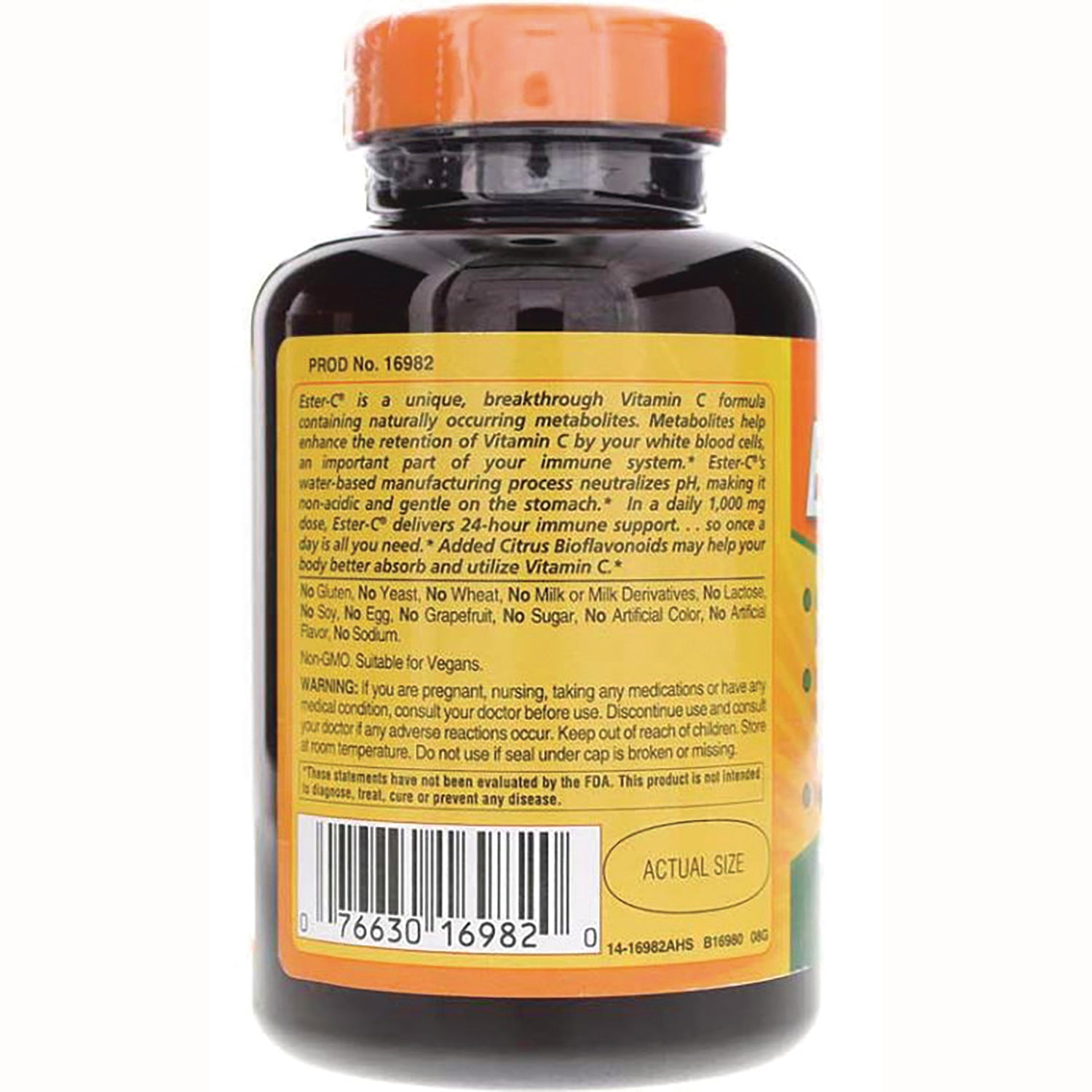 AM123 | Back label of vitamin supplement bottle showing product information, barcode and the text ACTUAL SIZE