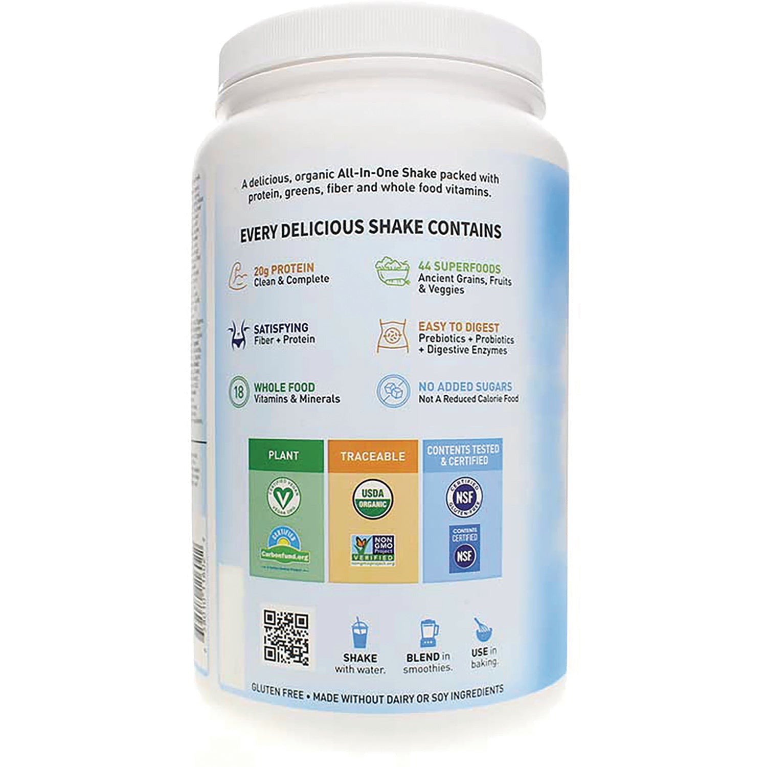 GLF143 | Back label of protein shake tub showing benefits icons, certifications and usage instructions
