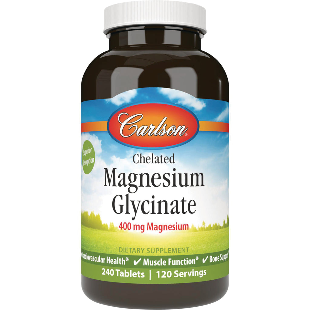 CSN315 | Carlson Chelated Magnesium Glycinate 400 mg dietary supplement bottle front label, 240 tablets - Thumbnail