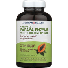 AM132 | American Health chewable Papaya Enzyme with Chlorophyll bottle label showing papaya image, 600 chewable tablets