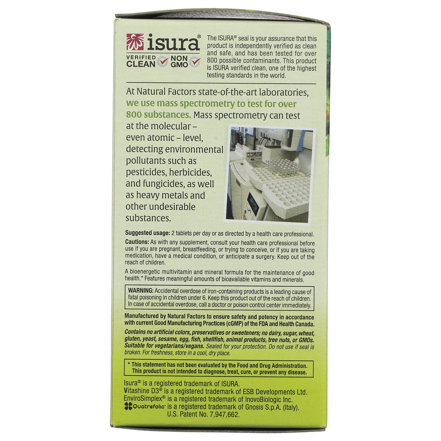 NFC189 | Natural Factors supplement box back with ISURA verified clean label, usage, cautions, and warning text