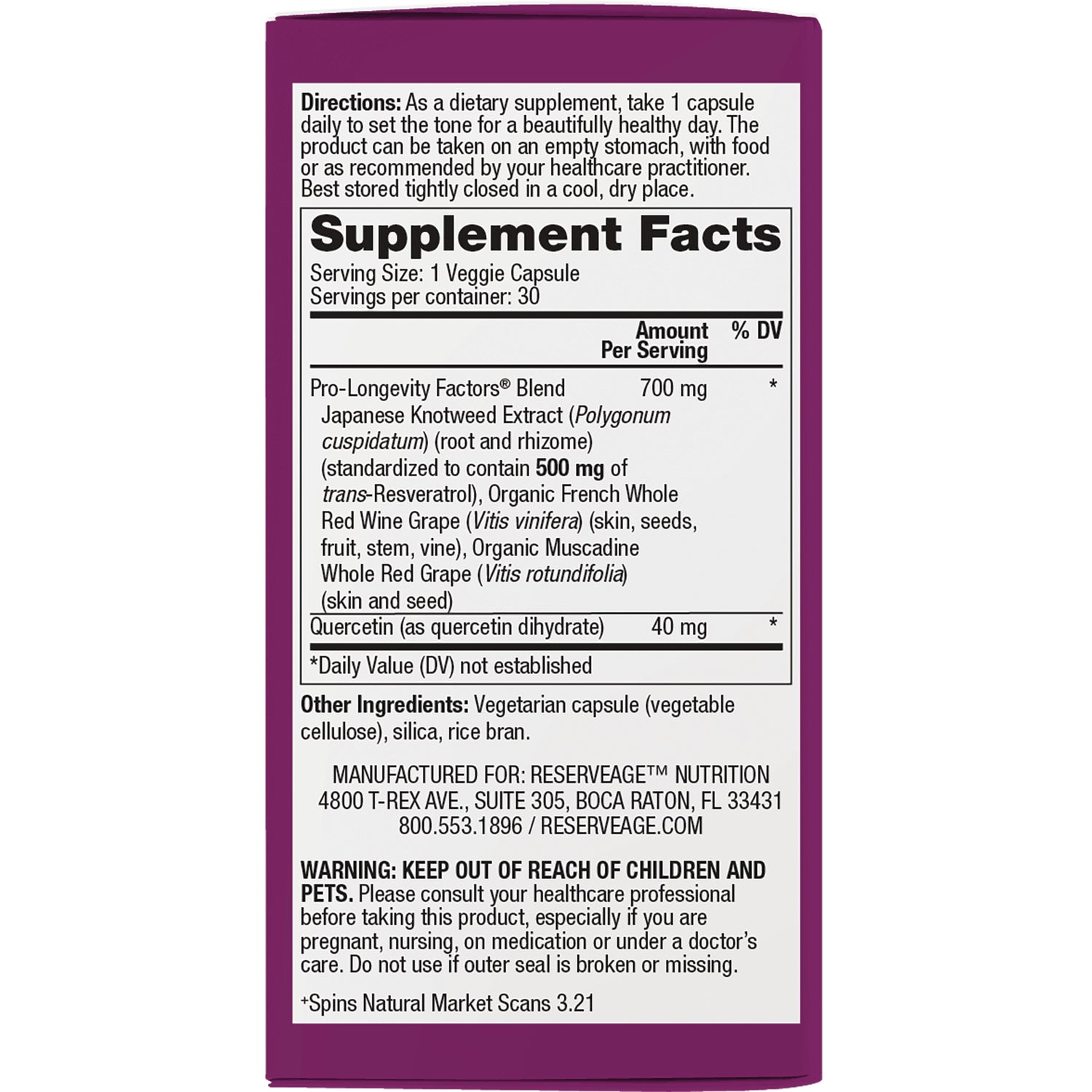 RSA038 | Back label with Supplement Facts, serving size, ingredients and warning on purple supplement box