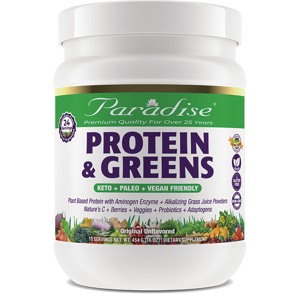 PRH002 | Paradise Protein & Greens white tub with label reading KETO + PALEO + VEGAN FRIENDLY, Original Unflavored - Thumbnail