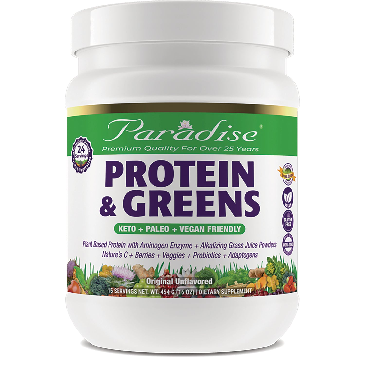 PRH002 | Paradise Protein & Greens white tub with label reading KETO + PALEO + VEGAN FRIENDLY, Original Unflavored