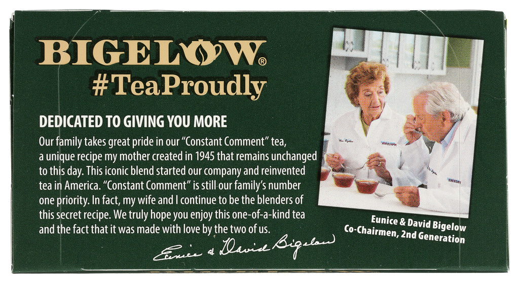BGT011 | Bigelow tea product infographic panel with #TeaProudly headline, dedication text and photo of Eunice & David Bigelow - Thumbnail