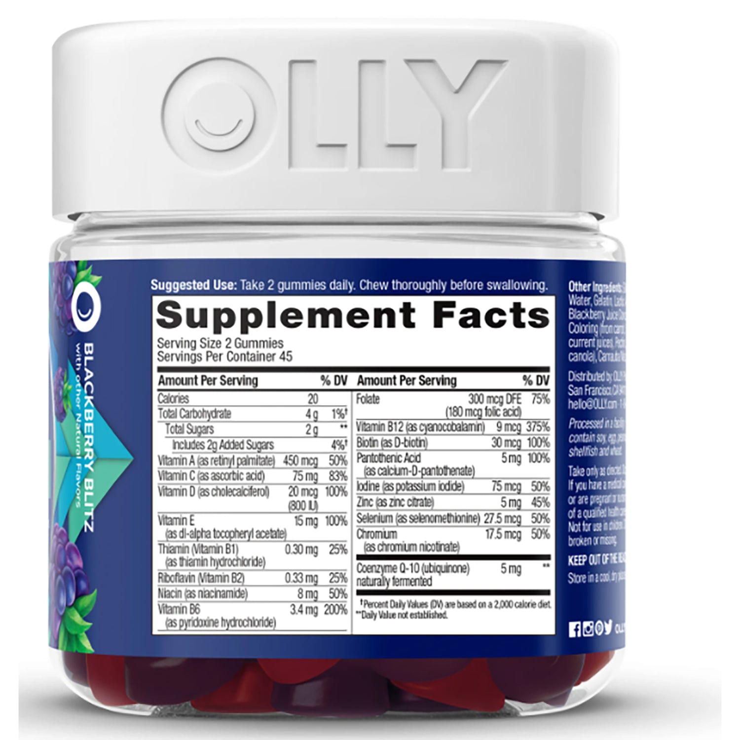 OLY002 | back label showing Supplement Facts panel and ingredients for Blackberry Blitz gummy vitamins