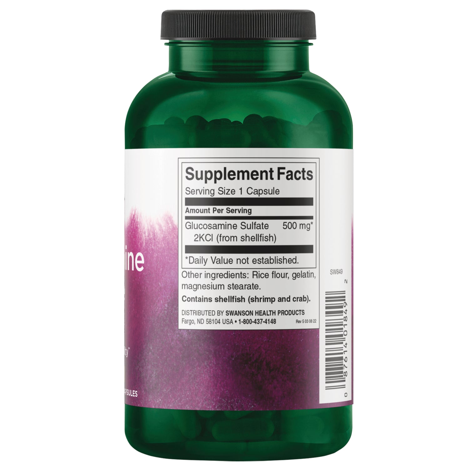 SW849 | Back label with Supplement Facts for glucosamine sulfate 500 mg; shellfish allergen noted