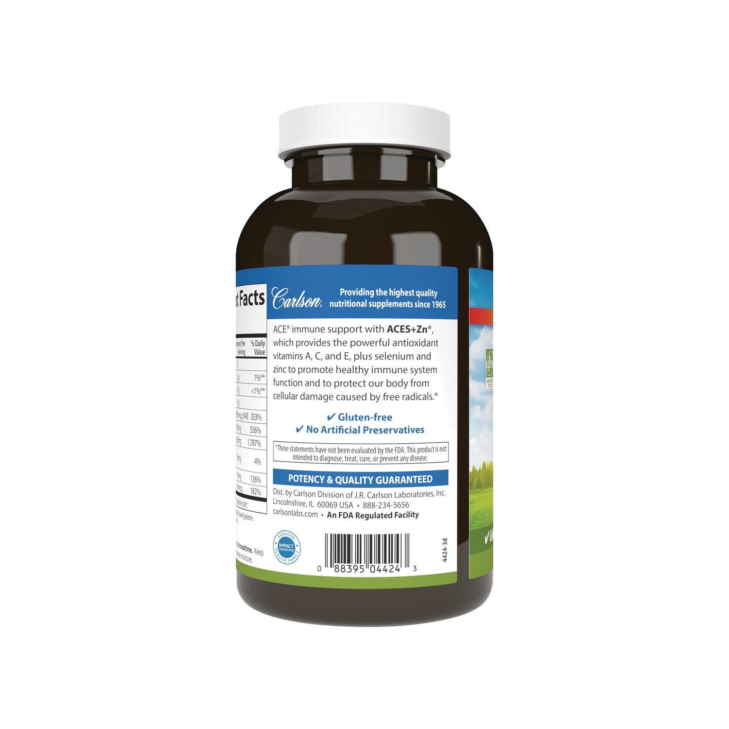 Bottle back label showing supplement facts, product claims, barcode, and distributor information