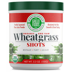 GM048 | Green Foods organic and raw wheatgrass shots powder jar with green lid, USDA Organic badge, net wt 5.3 oz