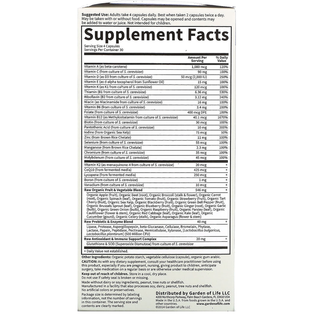 Supplement Facts panel showing serving size 4 capsules, vitamins, minerals, and ingredient blends - Thumbnail