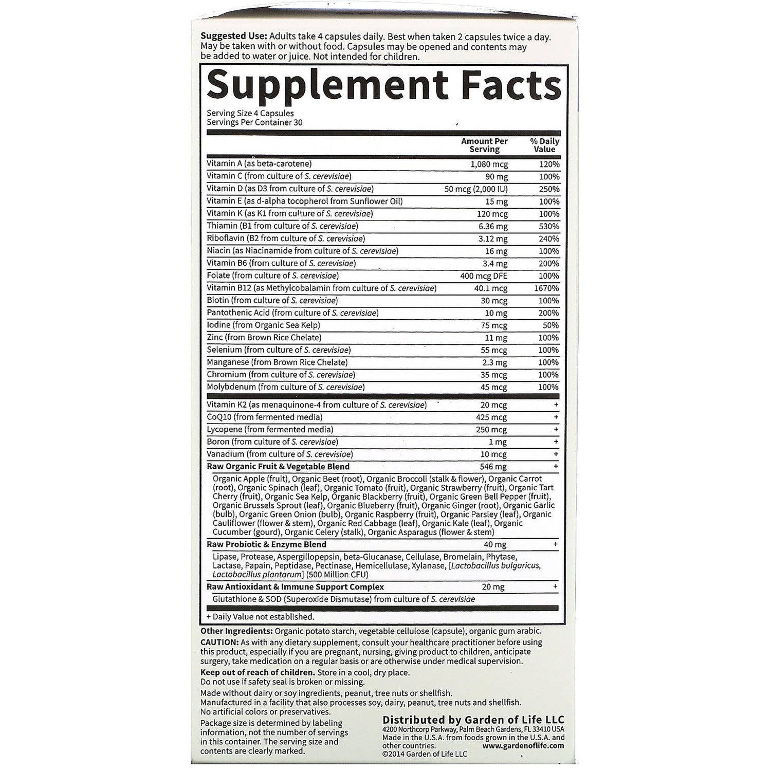 Supplement Facts panel showing serving size 4 capsules, vitamins, minerals, and ingredient blends