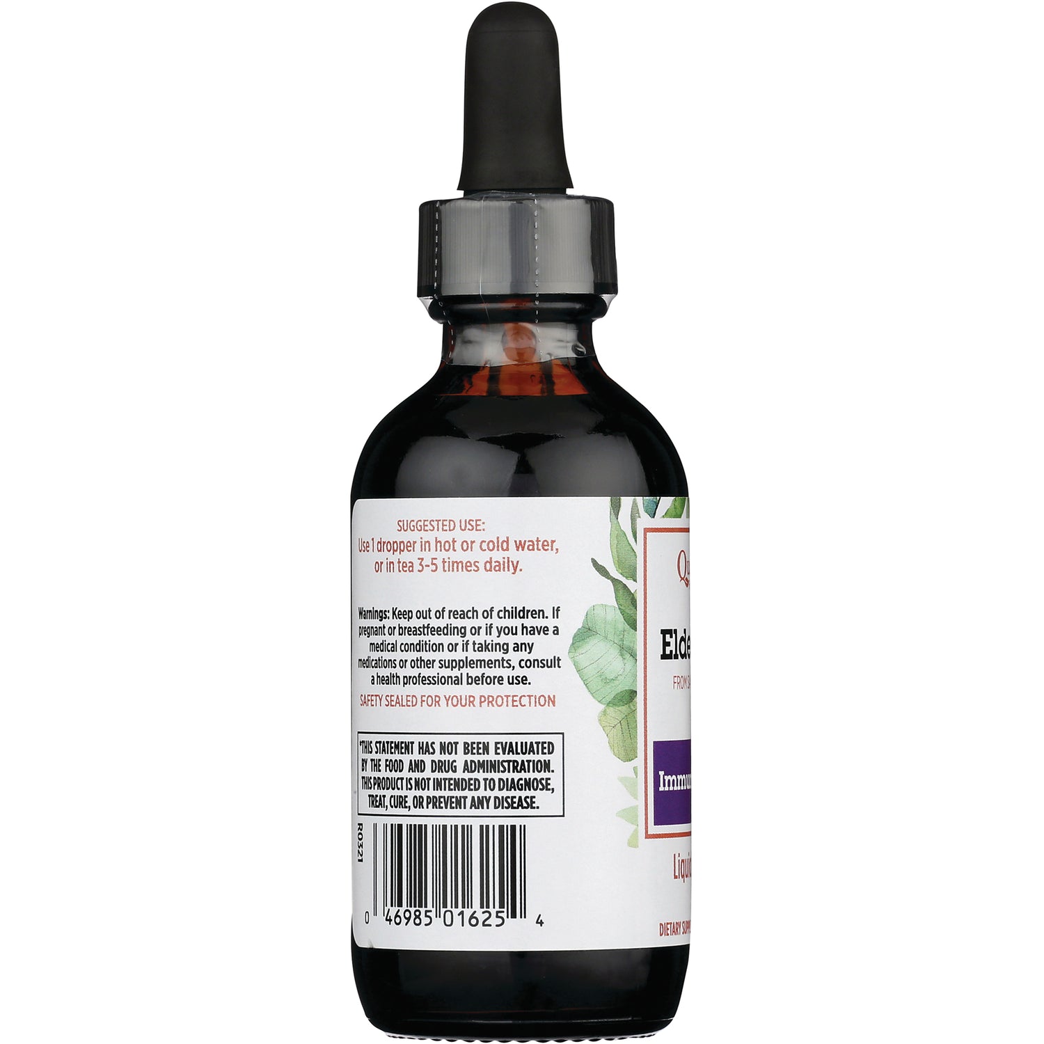 QU048 | Back of dark glass dropper bottle showing label with suggested use, warnings and barcode