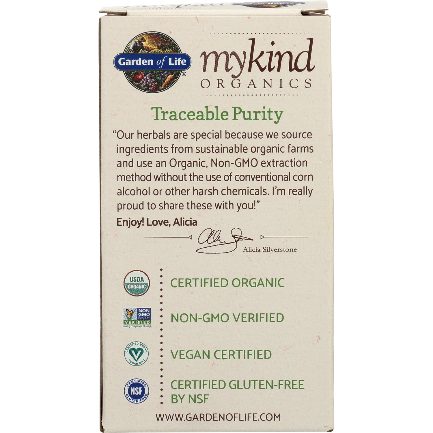 GLF256 | Back of Garden of Life mykind Organics box showing Traceable Purity text, Alicia Silverstone signature, and certification badges