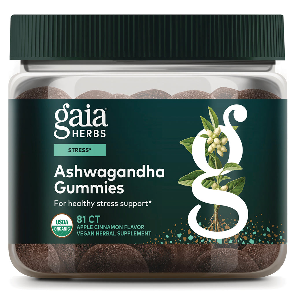 GH140 | Gaia Herbs ashwagandha apple cinnamon jar with front label reading plant-powered stress support and USDA Organic badge - Thumbnail