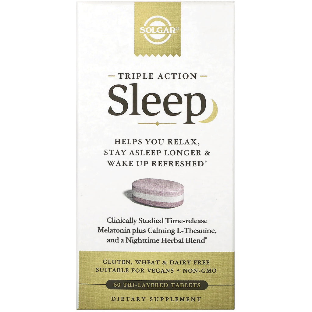 SLG372 | Solgar Triple Action Sleep dietary supplement box front showing Sleep branding and a tri-layered tablet - Thumbnail