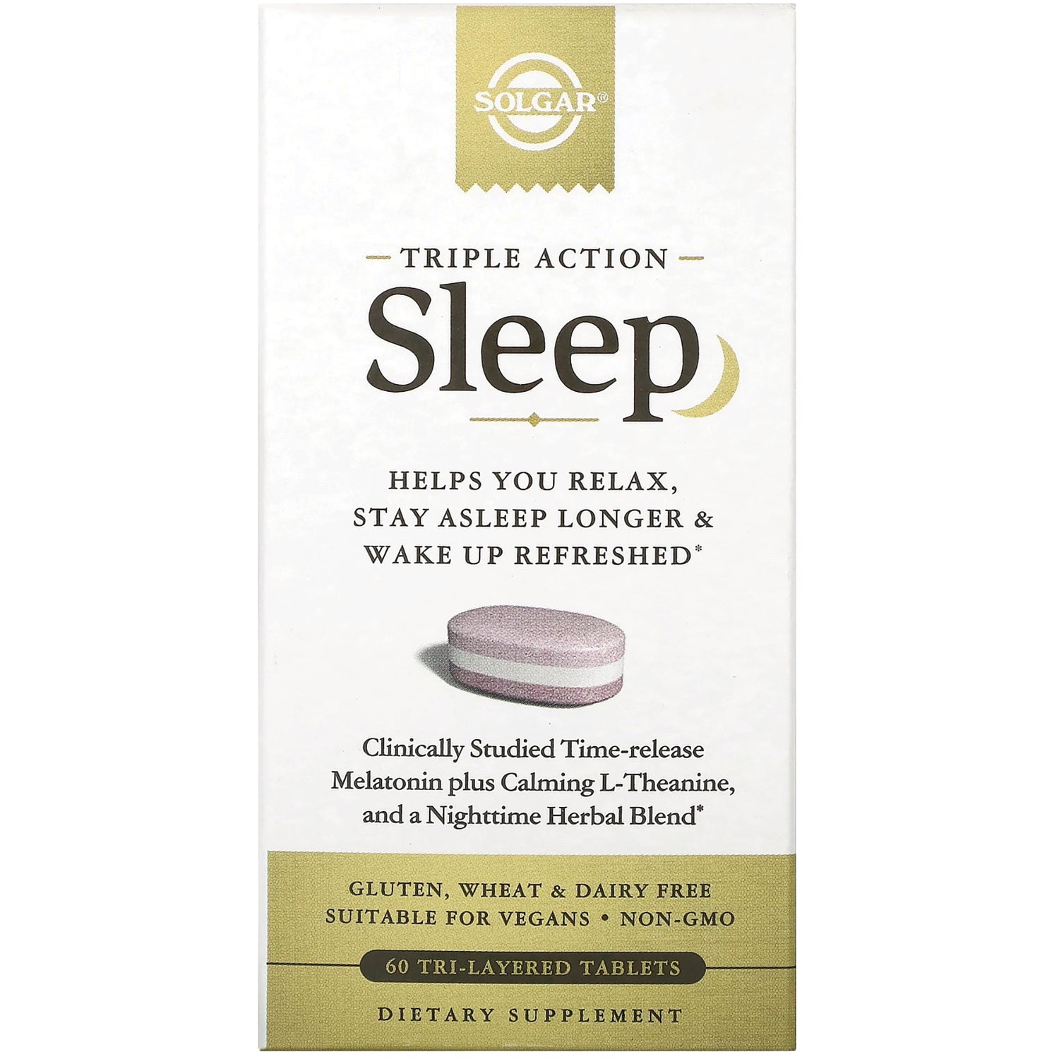 SLG372 | Solgar Triple Action Sleep dietary supplement box front showing Sleep branding and a tri-layered tablet