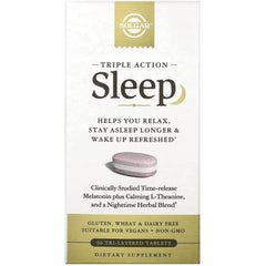 SLG372 | Solgar Triple Action Sleep dietary supplement box front showing Sleep branding and a tri-layered tablet