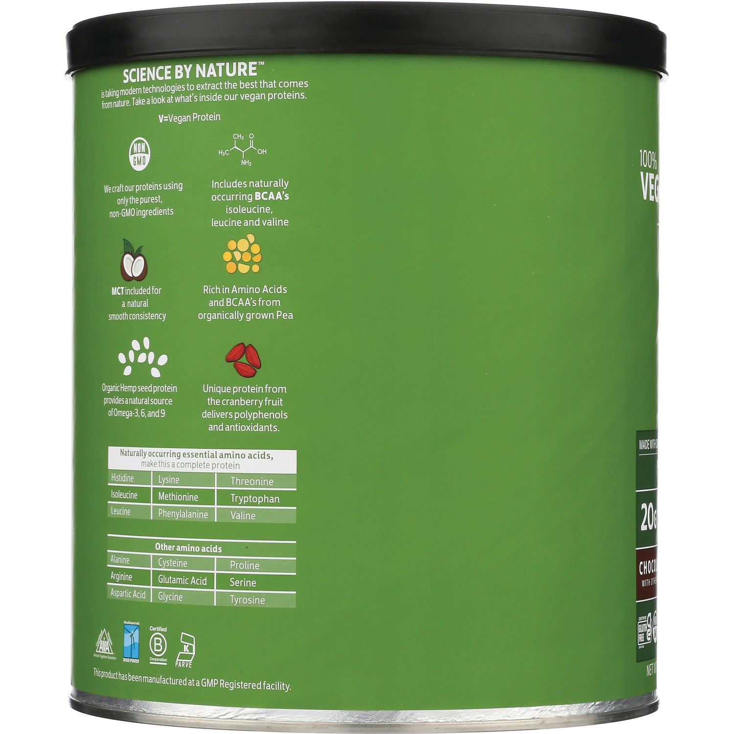 CRL604 | green protein powder can side showing product infographic icons and amino acid table