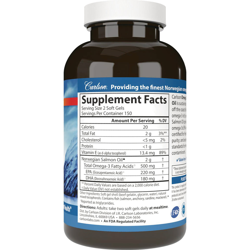 CSN233 | Back label showing Supplement Facts panel for Norwegian Salmon Oil soft gels with serving size and nutrient amounts - Thumbnail