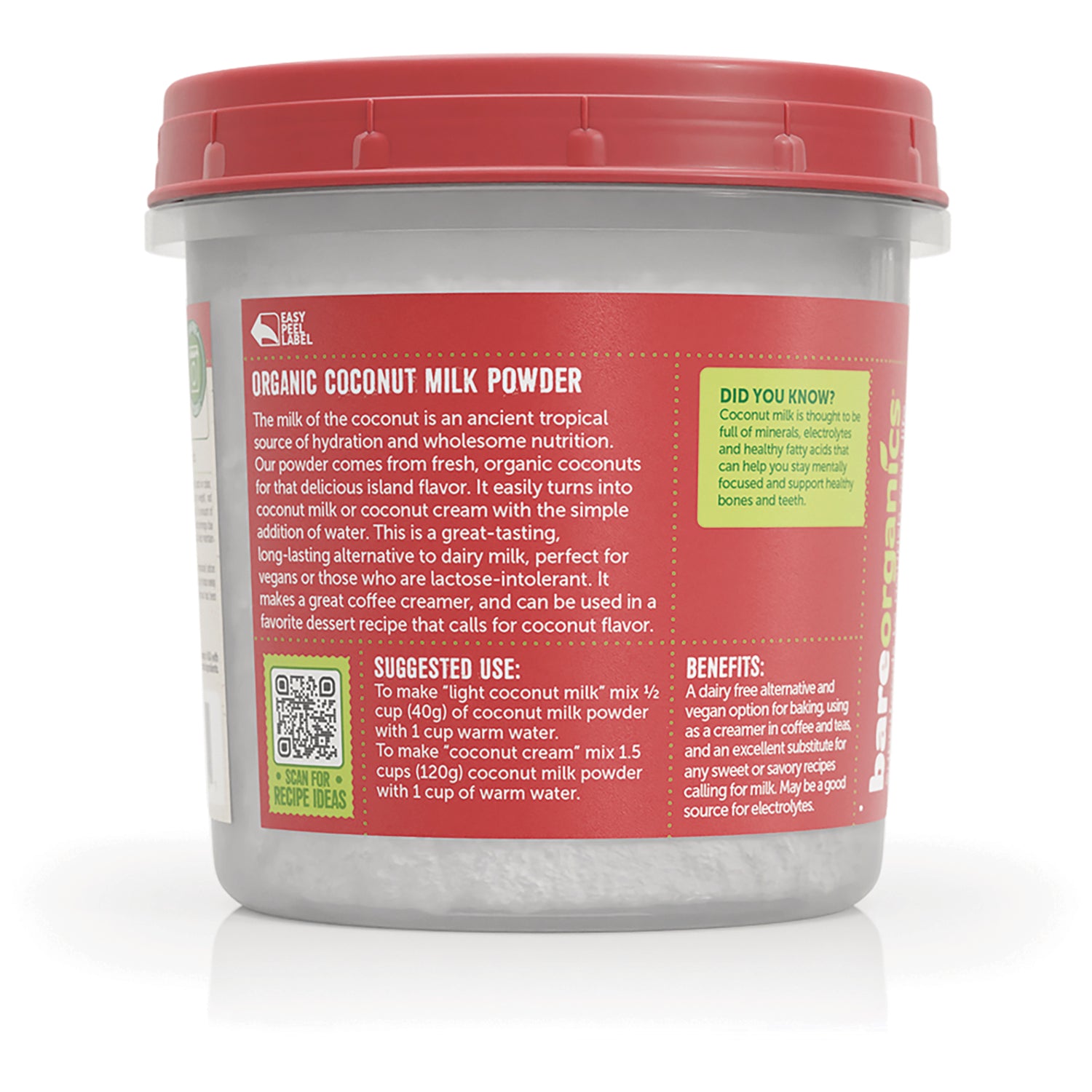 BOR010 | back label of plastic tub reading ORGANIC COCONUT MILK POWDER with suggested use, benefits, and product information