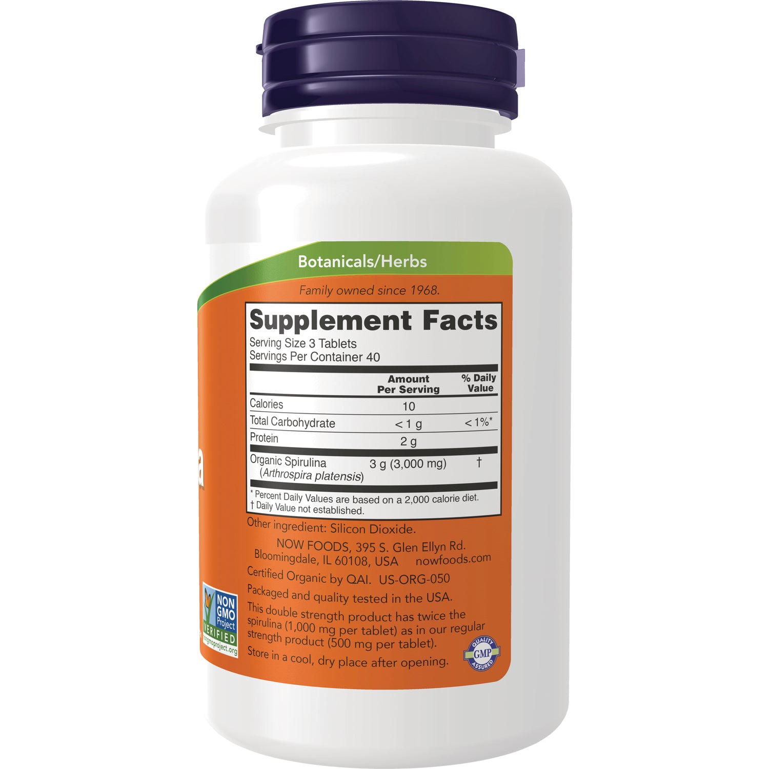 NWF1328 | Back label of supplement bottle showing Supplement Facts panel, serving size, organic spirulina and company info
