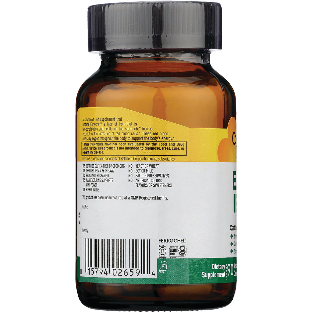 CRL340 | back of amber supplement bottle showing label with barcode, ingredient and certification text FERROCHEL - Thumbnail