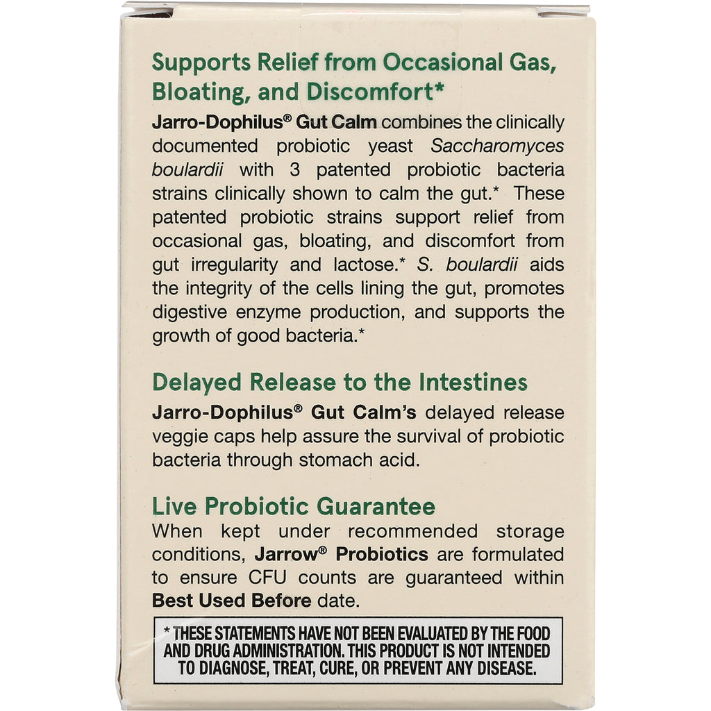 Product infographic panel detailing Gut Calm probiotic benefits, delayed release to intestines, and live probiotic guarantee - Thumbnail