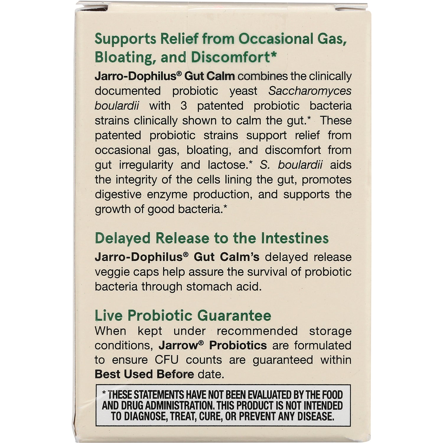 Product infographic panel detailing Gut Calm probiotic benefits, delayed release to intestines, and live probiotic guarantee