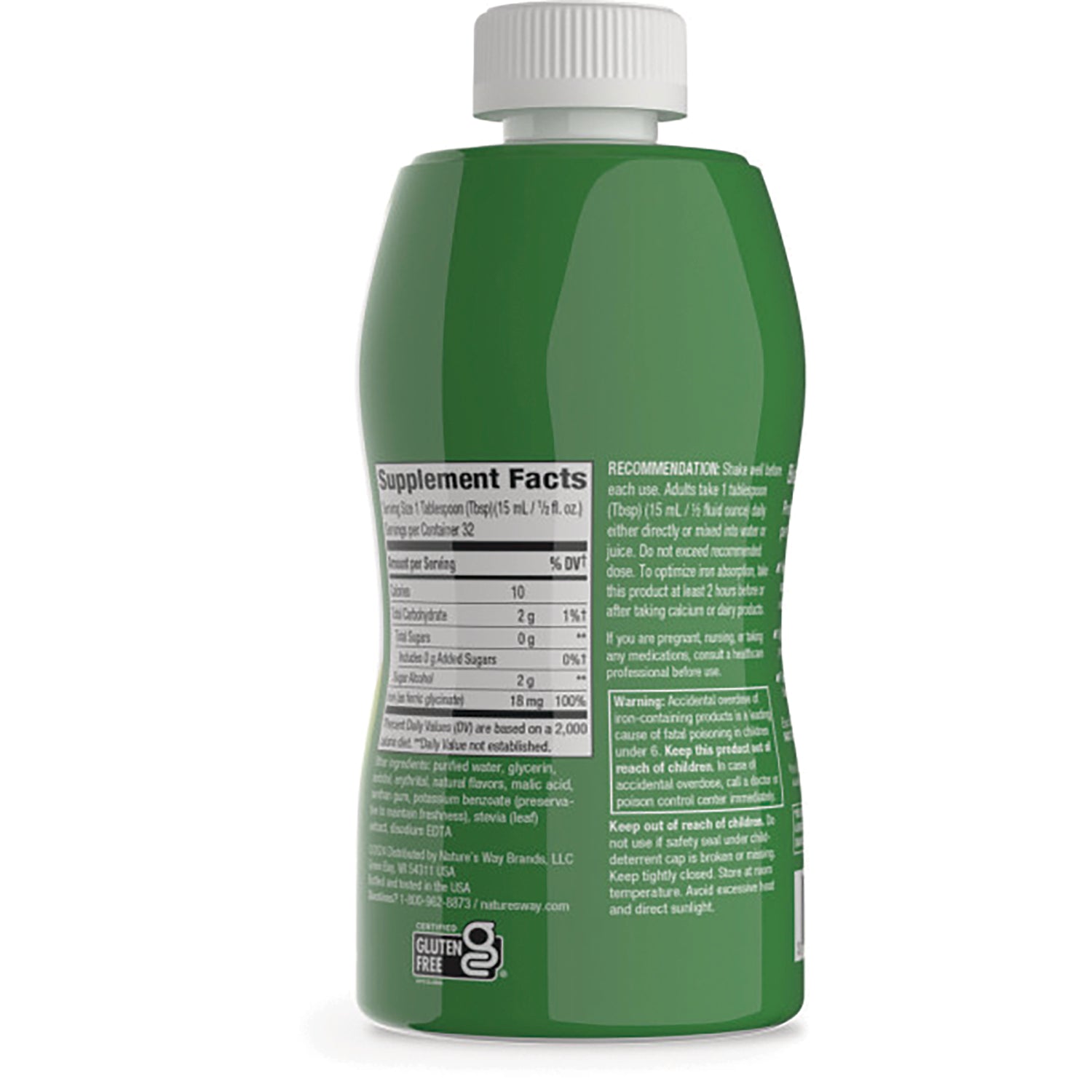 WLS002 | Back of green supplement bottle showing Supplement Facts, directions, warnings, and Gluten Free icon