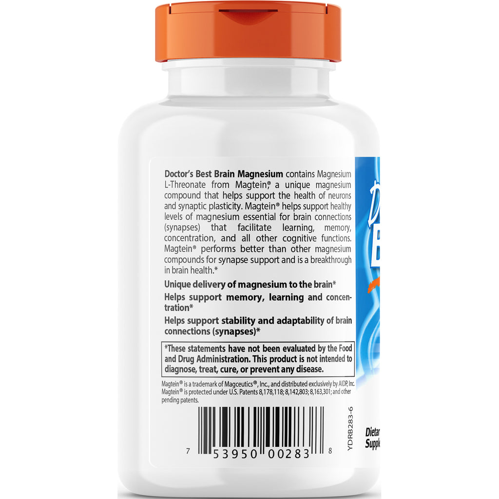 Back label of white supplement bottle showing Doctor's Best Brain Magnesium claims, directions, and barcode - Thumbnail