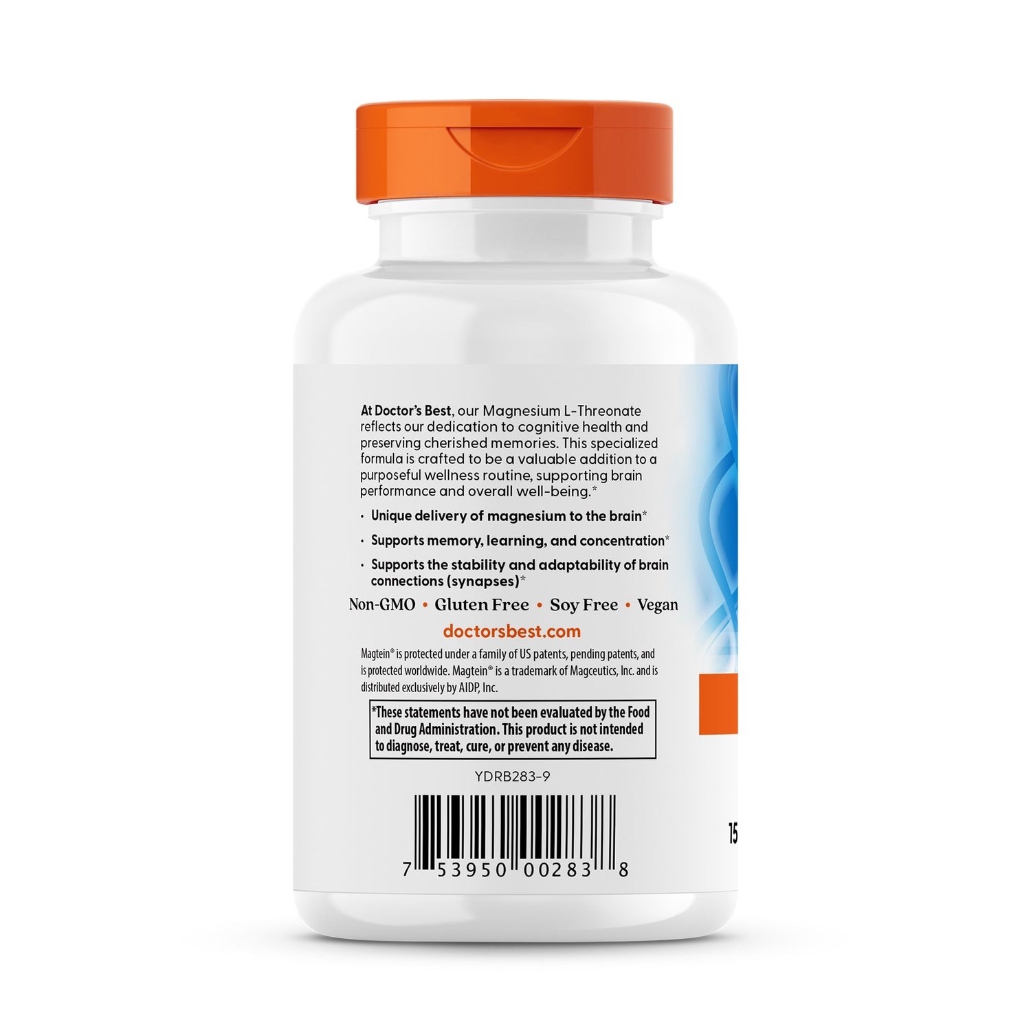 Back label of white supplement bottle showing Doctor's Best Brain Magnesium claims, directions, and barcode