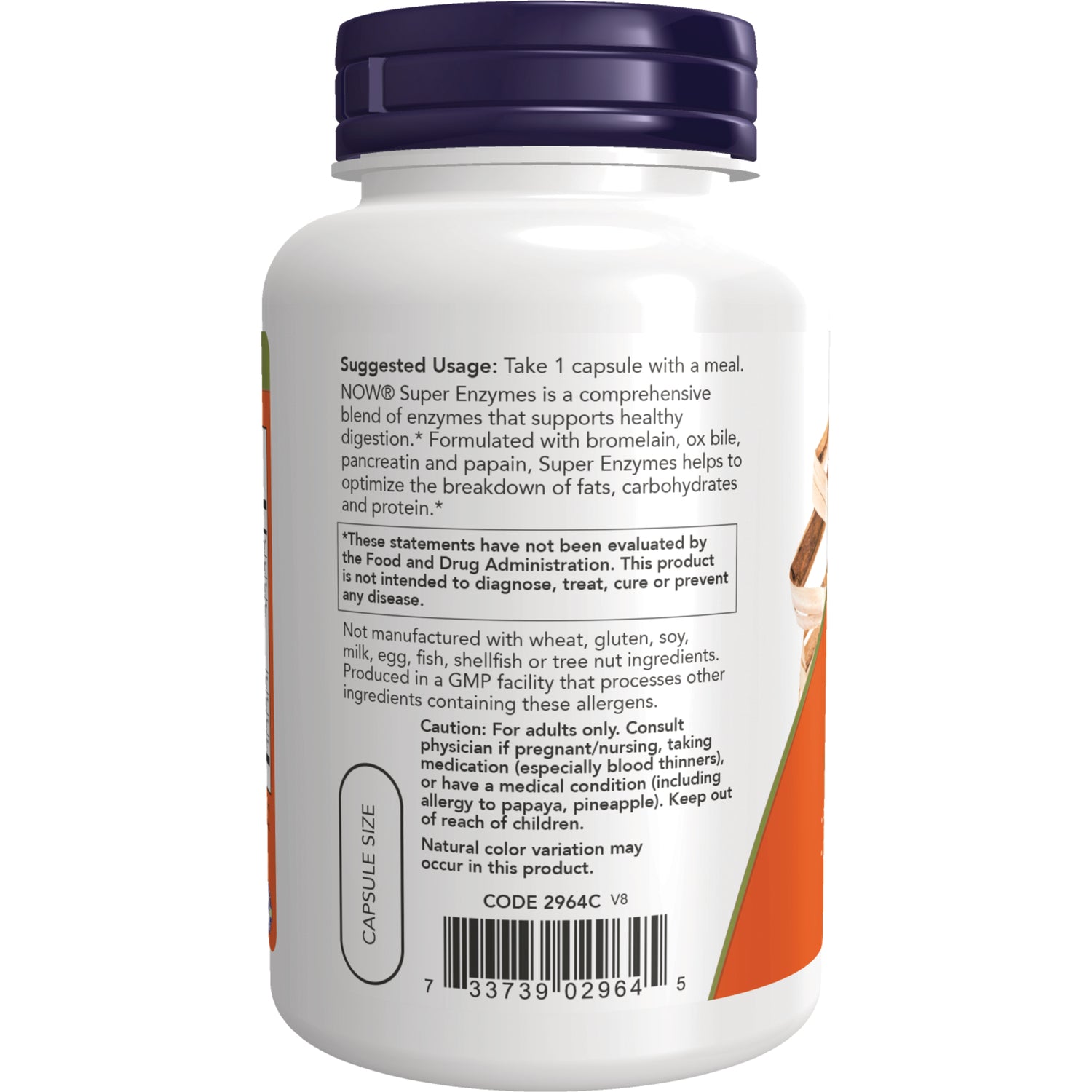NWF098 | back label showing suggested usage, caution and allergen statements and barcode on white supplement bottle