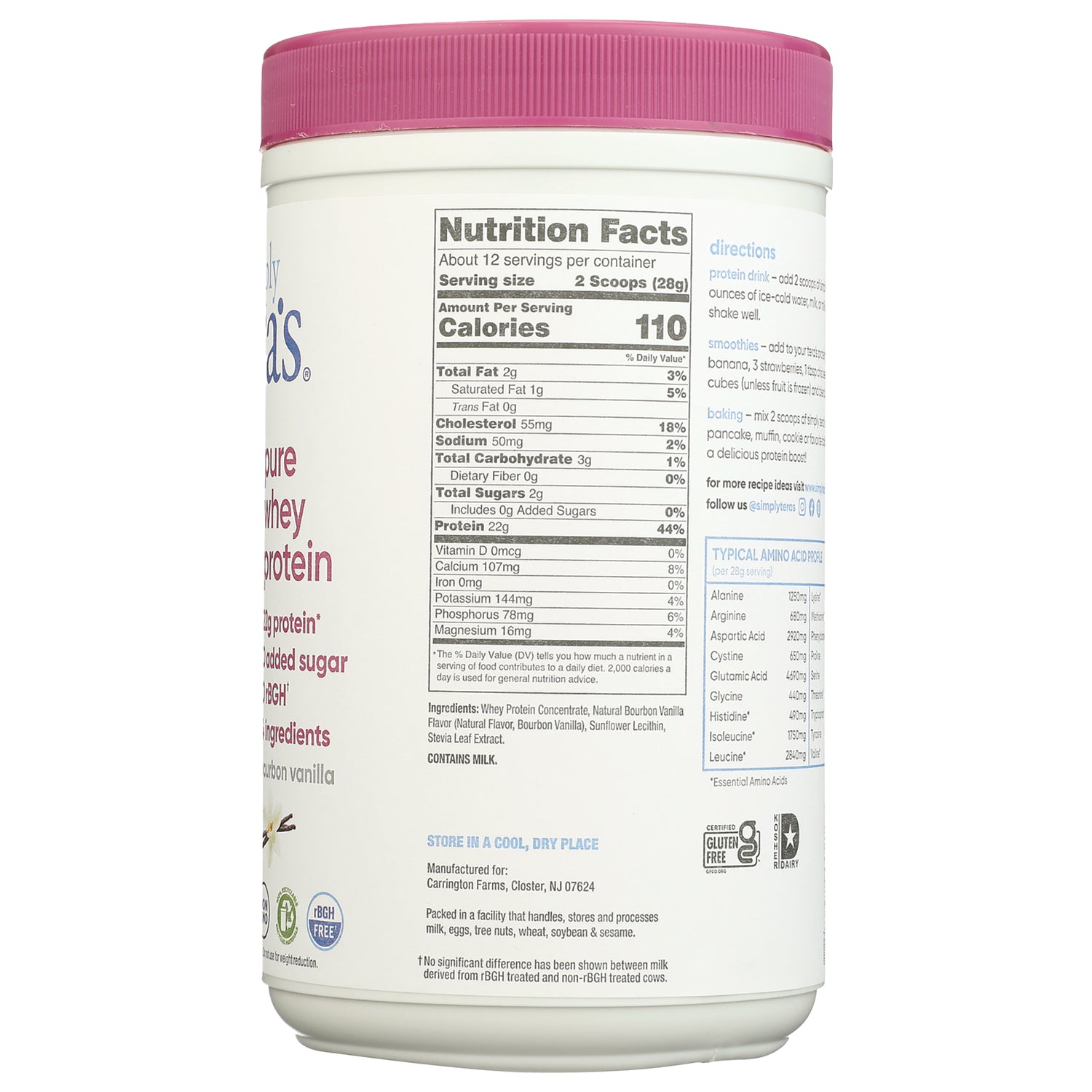 TER004 | Back of whey protein powder container with Nutrition Facts, directions, ingredients, Calories 110 per serving