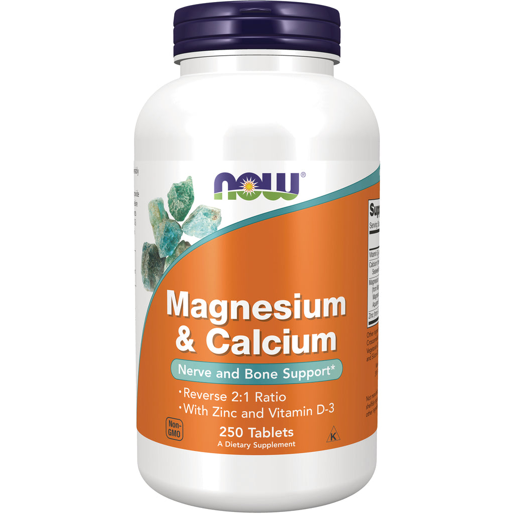 NWF1250 | NOW Magnesium & Calcium supplement bottle with orange label reading Nerve and Bone Support, 250 tablets - Thumbnail