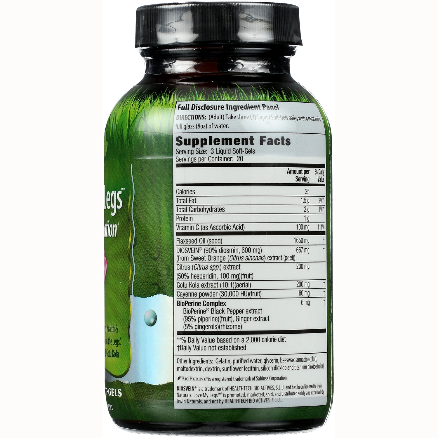 IR194 | back of green supplement bottle showing Supplement Facts panel, serving size 3 Liquid Soft-Gels and ingredient list