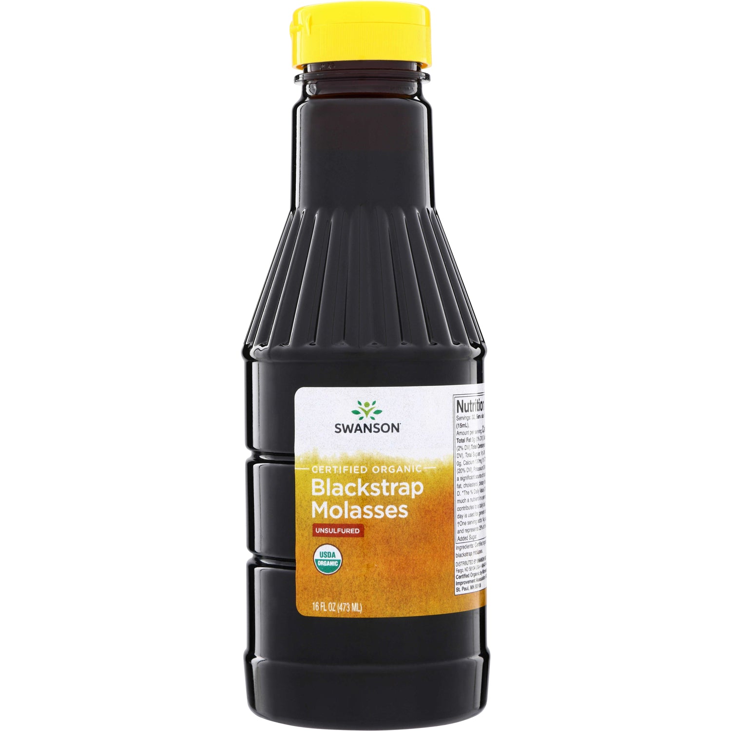 SWF153 | Swanson Certified Organic Blackstrap Molasses, Unsulfured, 16 fl oz bottle with USDA Organic seal