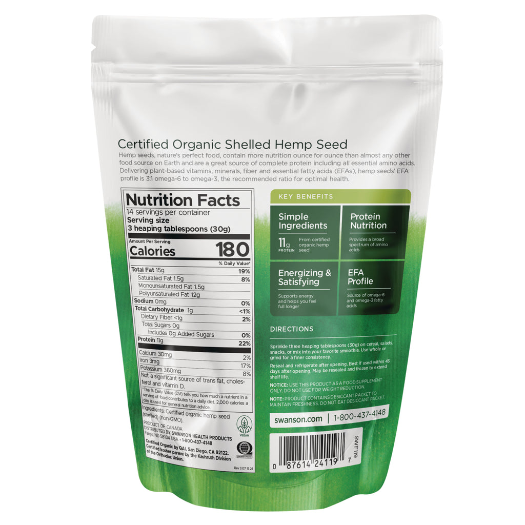 SWF119 | Back label of Certified Organic Shelled Hemp Seed pouch with Nutrition Facts, key benefits, and directions - Thumbnail