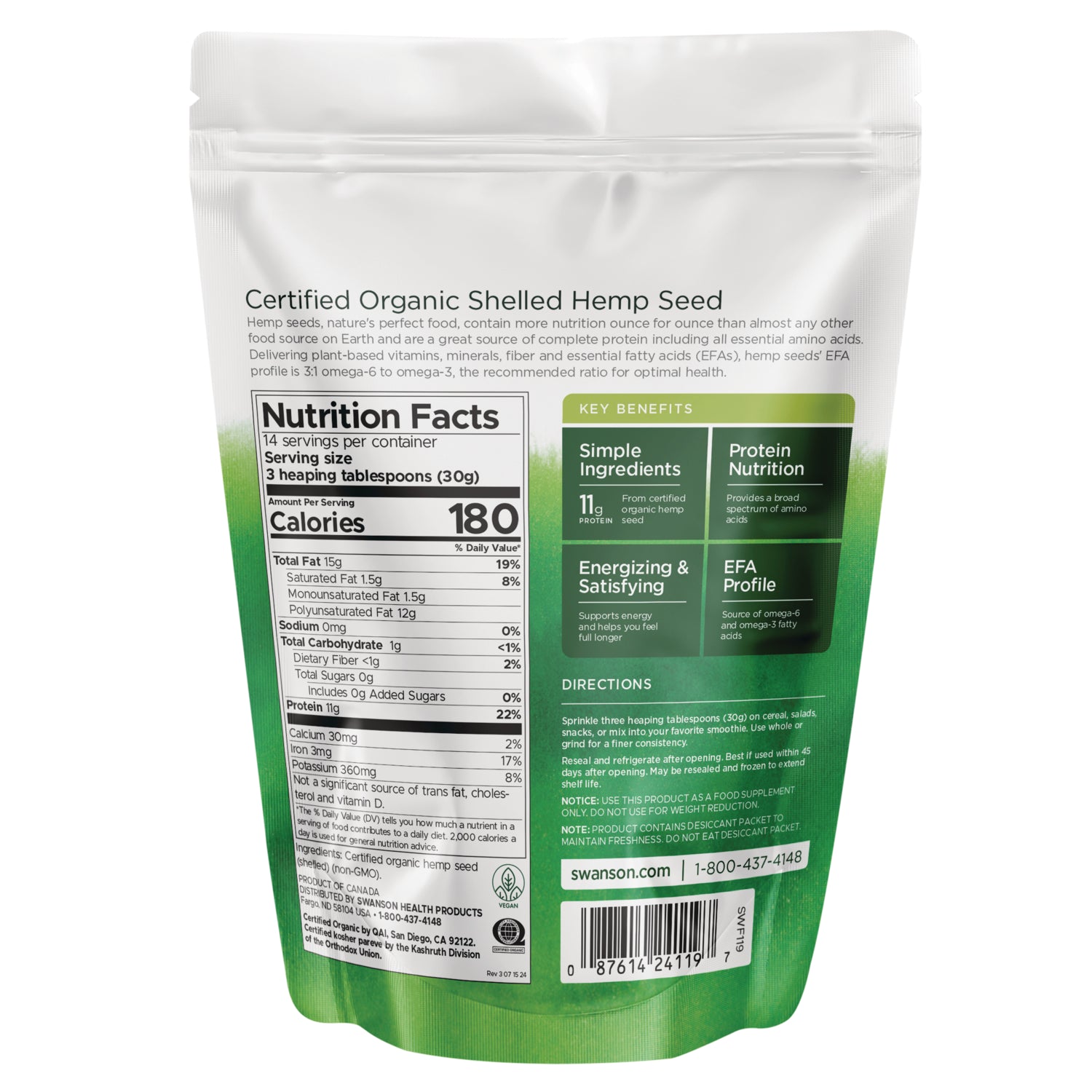 SWF119 | Back label of Certified Organic Shelled Hemp Seed pouch with Nutrition Facts, key benefits, and directions