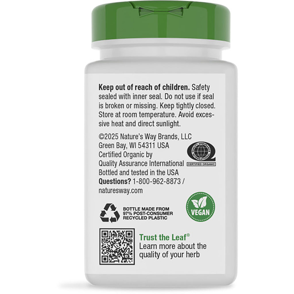 NW106 | Back of green-capped supplement bottle showing nutritional claims, certifications and barcode - Thumbnail