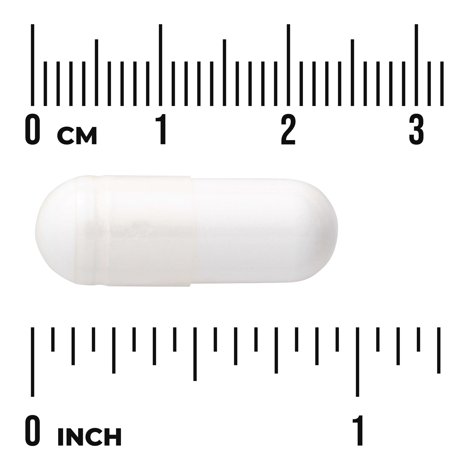 SW268 | White capsule with size reference rulers in centimeters and inches